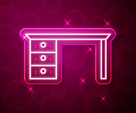 Glowing neon line Office desk icon isolated on red background. Vectorのイラスト素材