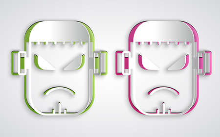 Paper cut Scary monster - Frankenstein face icon isolated on grey background. Happy Halloween party. Paper art style. Vectorのイラスト素材