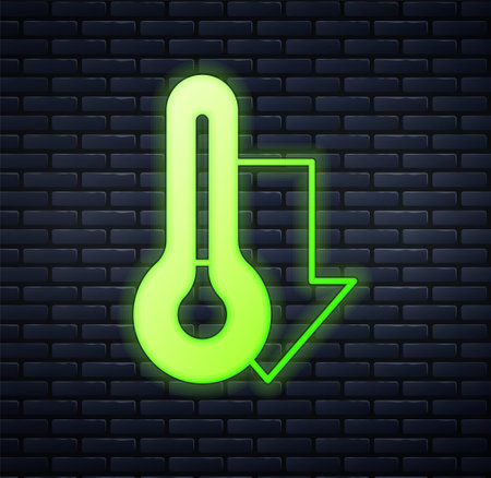 Glowing neon Meteorology thermometer measuring icon isolated on brick wall background. Thermometer equipment showing hot or cold weather. Vectorのイラスト素材