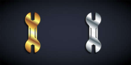 Gold and silver Wrench spanner icon isolated on black background. Spanner repair tool. Service tool symbol. Long shadow style. Vectorのイラスト素材