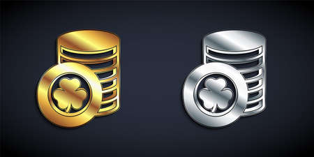 Gold and silver Golden leprechaun coin with clover trefoil leaf icon isolated on black background. Happy Saint Patricks day. National Irish holiday. Long shadow style. Vectorのイラスト素材