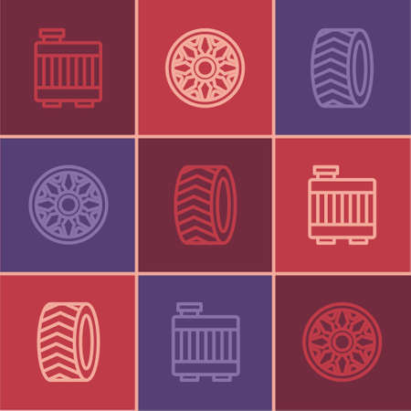 Set line Car radiator cooling system, tire wheel and Alloy for car icon. Vectorのイラスト素材