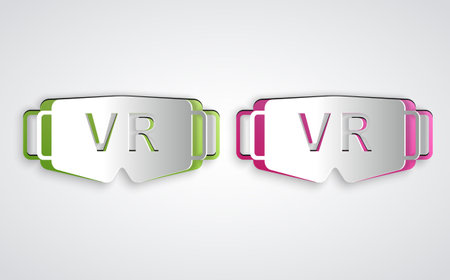 Paper cut Virtual reality glasses icon isolated on grey background. Stereoscopic 3d vr mask. Optical head mounted display. Paper art style. Vectorのイラスト素材