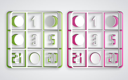 Paper cut Bingo card with lucky numbers icon isolated on grey background. Paper art style. Vectorのイラスト素材