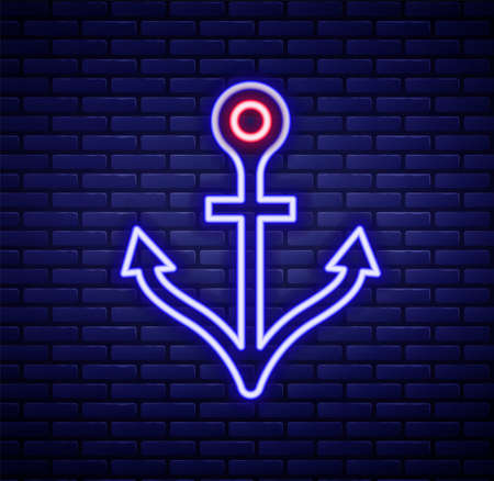 Glowing neon line Anchor icon isolated on brick wall background. Colorful outline concept. Vector