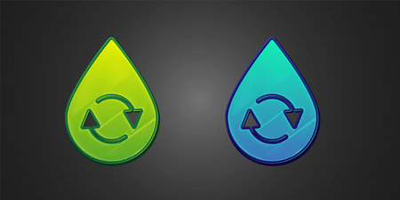 Green and blue Recycle clean aqua icon isolated on black background. Drop of water with sign recycling. Vectorのイラスト素材