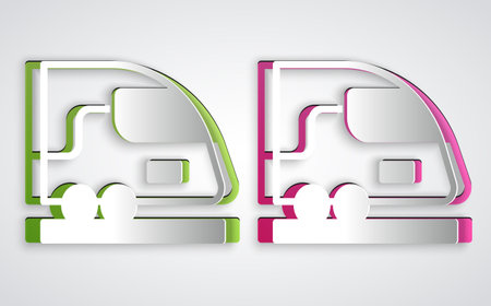 Paper cut High-speed train icon isolated on grey background. Railroad travel and railway tourism. Subway or metro streamlined fast train transport. Paper art style. Vectorのイラスト素材