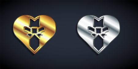 Gold and silver Gift box icon isolated on black background. Merry Christmas and Happy New Year. Long shadow style. Vectorのイラスト素材