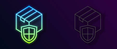 Glowing neon line Delivery security with shield icon isolated on black background. Delivery insurance. Insured cardboard boxes beyond the shield. Vectorのイラスト素材