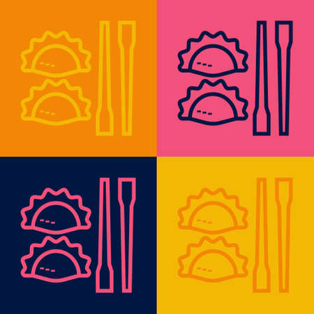 Pop art line Dumpling with chopsticks icon isolated on color background. Traditional chinese dish. Vectorのイラスト素材