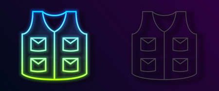 Glowing neon line Fishing jacket icon isolated on black background. Fishing vest. Vectorのイラスト素材