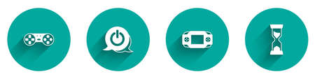 Set Game controller or joystick, Power button, Portable video game console and Old hourglass icon with long shadow. Vectorのイラスト素材