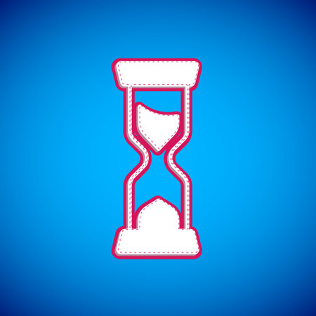 White Old hourglass with flowing sand icon isolated on blue background. Sand clock sign. Business...