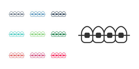 Black Teeth with braces icon isolated on white background. Alignment of bite of teeth, dental row with with braces. Dental concept. Set icons colorful. Vectorのイラスト素材