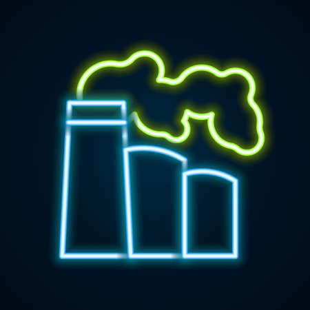 Glowing neon line Oil and gas industrial factory building icon isolated on black background. Colorful outline concept. Vectorのイラスト素材