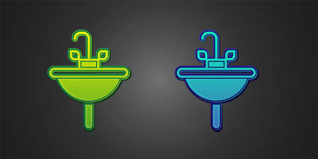 Green and blue Washbasin with water tap icon isolated on black background. Vectorのイラスト素材