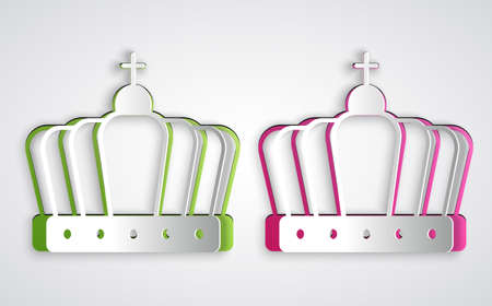 Paper cut King crown icon isolated on grey background. Paper art style. Vectorのイラスト素材