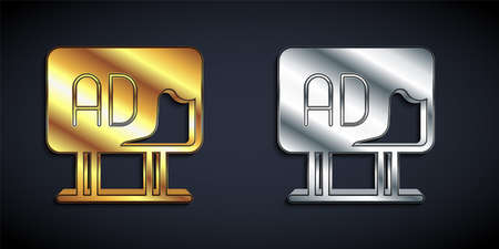 Gold and silver Advertising icon isolated on black background. Concept of marketing and promotion process. Responsive ads. Social media advertising. Long shadow style. Vectorのイラスト素材