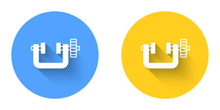 White Clamp and screw tool icon isolated with long shadow background. Locksmith tool. Circle button. Vectorのイラスト素材