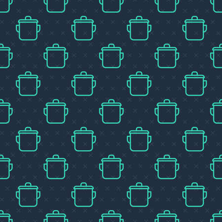 Green line Cooking pot icon isolated seamless pattern on blue background. Boil or stew food symbol. Vectorのイラスト素材