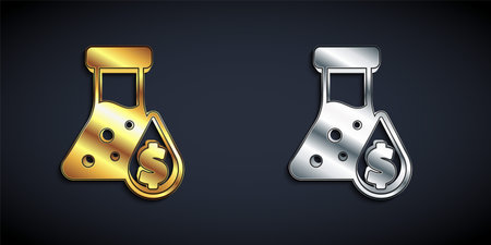 Gold and silver Oil petrol test tube icon isolated on black background. Cmemistry flask and falling drop. Long shadow style. Vectorのイラスト素材