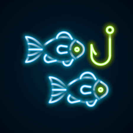 Glowing neon line Fishing hook under water with fish icon isolated on black background. Fishing tackle. Colorful outline concept. Vectorのイラスト素材