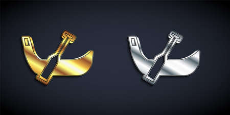 Gold and silver Gondola boat italy venice icon isolated on black background. Tourism rowing transport romantic. Long shadow style. Vector.のイラスト素材