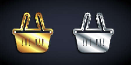 Gold and silver Shopping basket icon isolated on black background. Online buying concept. Delivery service sign. Shopping cart symbol. Long shadow style. Vectorのイラスト素材