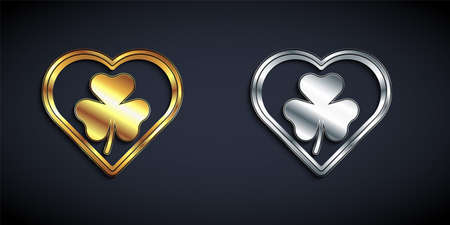 Gold and silver Heart with clover trefoil leaf icon isolated on black background. Happy Saint Patricks day. National Irish holiday. Long shadow style. Vectorのイラスト素材