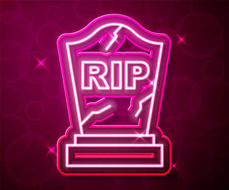 Glowing neon line Tombstone with RIP written on it icon isolated on red background. Grave icon. Happy Halloween party. Vectorのイラスト素材