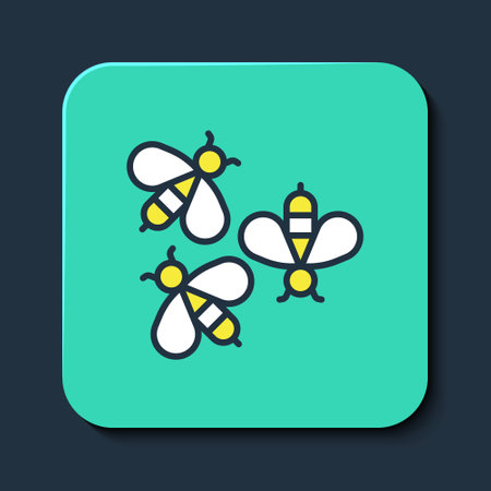 Filled outline Bees icon isolated on blue background. Sweet natural food. Honeybee or apis with wings symbol. Flying insect. Turquoise square button. Vectorのイラスト素材
