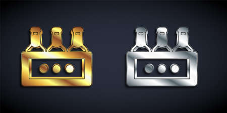 Gold and silver Pack of beer bottles icon isolated on black background. Wooden box and beer bottles. Case crate beer box sign. Long shadow style. Vectorのイラスト素材