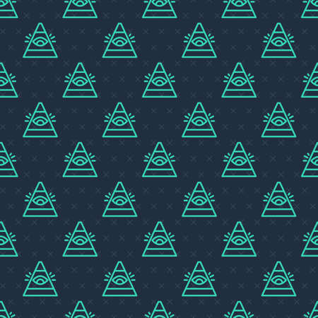 Green line Masons symbol All-seeing eye of God icon isolated seamless pattern on blue background. The eye of Providence in the triangle. Vectorのイラスト素材