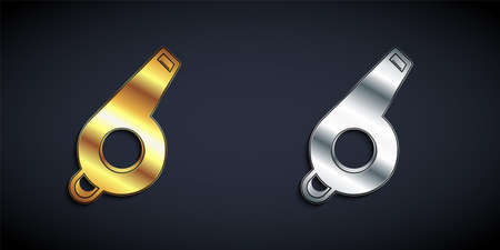 Gold and silver Whistle icon isolated on black background. Referee symbol. Fitness and sport sign. Long shadow style. Vectorのイラスト素材
