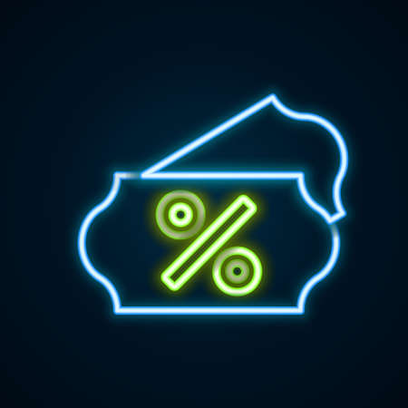 Glowing neon line Discount percent tag icon isolated on black background. Shopping tag sign. Special offer sign. Discount coupons symbol. Colorful outline concept. Vectorのイラスト素材