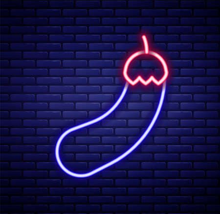 Glowing neon line Eggplant icon isolated on brick wall background. Colorful outline concept. Vectorのイラスト素材