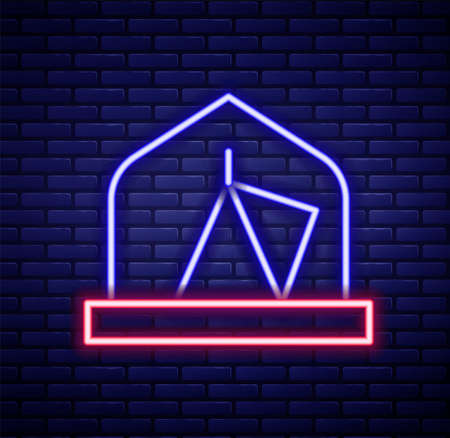 Glowing neon line Tourist tent icon isolated on brick wall background. Camping symbol. Colorful outline concept. Vectorのイラスト素材