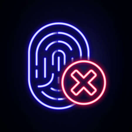 Glowing neon line Cancelled fingerprint icon isolated on brick wall background. Access denied for user concept. Error, fraud. Identification sign. Touch id. Colorful outline concept. Vectorのイラスト素材