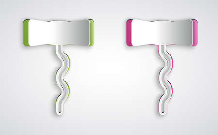 Paper cut Wine corkscrew icon isolated on grey background. Paper art style. Vectorのイラスト素材
