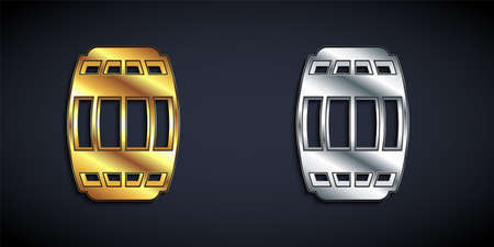 Gold and silver Wooden barrel icon isolated on black background. Alcohol barrel, drink container, wooden keg for beer, whiskey, wine. Long shadow style. Vectorのイラスト素材