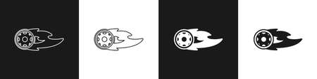 Set Wheel in fire flame icon isolated on black and white background. Burning wheel. Vectorのイラスト素材