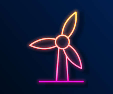 Glowing neon line Wind turbine icon isolated on black background. Wind generator sign. Windmill for electric power production. Vectorのイラスト素材