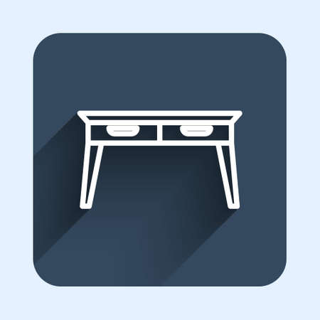 White line Office desk icon isolated with long shadow background. Blue square button. Vectorのイラスト素材