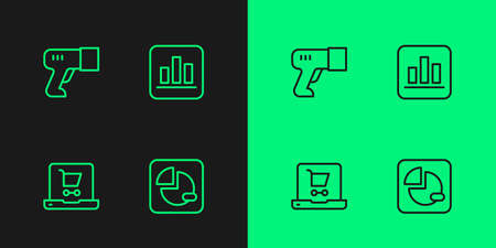 Set line Pie chart infographic, Shopping cart on screen laptop, Scanner scanning bar code and icon. Vectorのイラスト素材