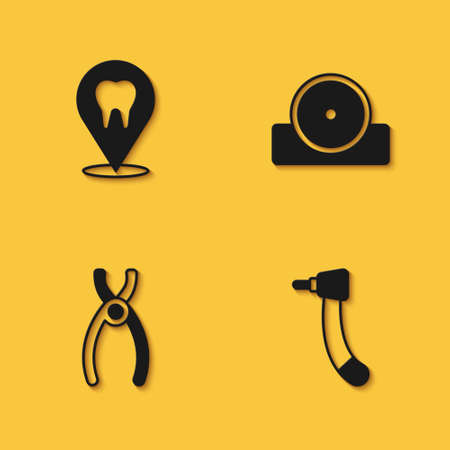 Set Dental clinic location, Tooth drill, pliers and Otolaryngological head reflector icon with long shadow. Vectorのイラスト素材