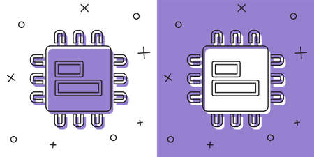 Set Computer processor with microcircuits CPU icon isolated on white and purple background. Chip or...
