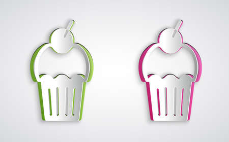 Paper cut Muffin icon isolated on grey background. Paper art style. Vector