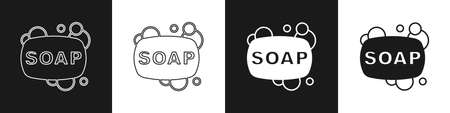 Set Bar of soap icon isolated on black and white background. Soap bar with bubbles. Vectorのイラスト素材
