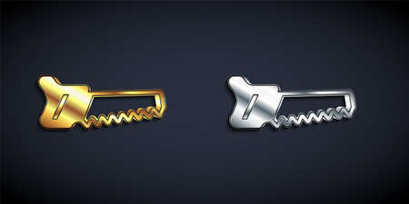 Gold and silver Hand saw icon isolated on black background. Long shadow style. Vectorのイラスト素材