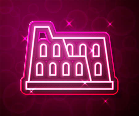 Glowing neon line Coliseum in Rome, Italy icon isolated on red background. Colosseum sign. Symbol of Ancient Rome, gladiator fights. Vectorのイラスト素材